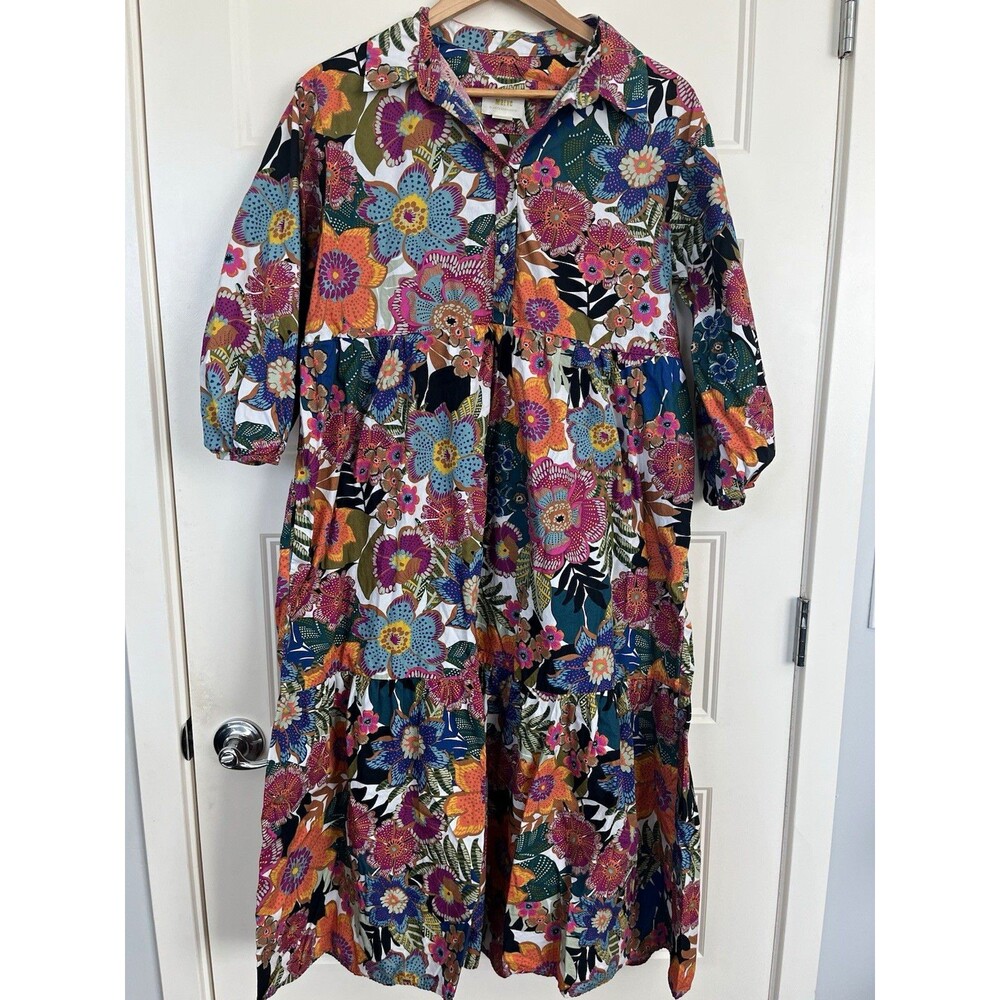 Anthropologie Maeve Bettina Tiered Shirt Dress Floral Patchwork Medium M Pockets